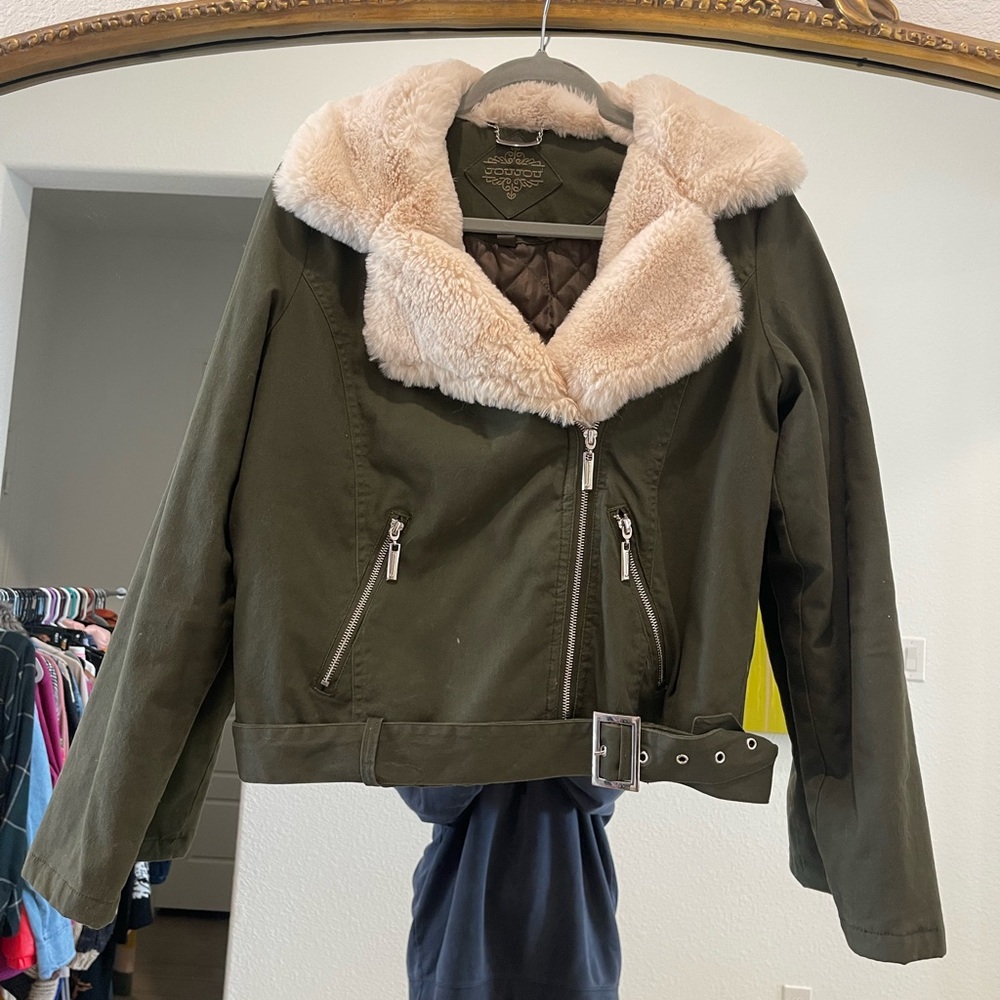 Jou Jou Green and Cream Bomber Jacket with Faux Fur Collar
